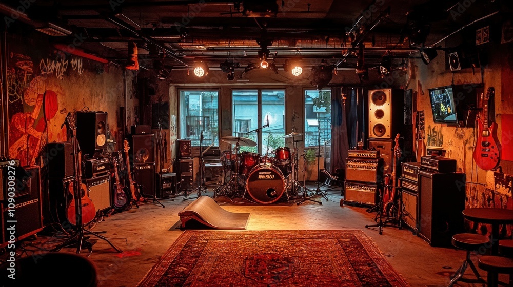 Poster a cozy music studio featuring instruments and equipment, ready for recording or practice.