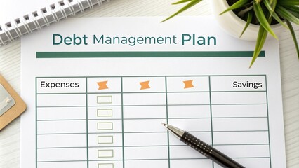 Debt Management Plan A visual of a written debt management plan with a checklist showing categories for expenses and savings.