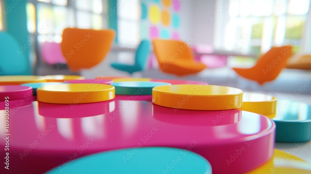 Poster a colorful game board with vibrant pieces in a modern, playful environment.