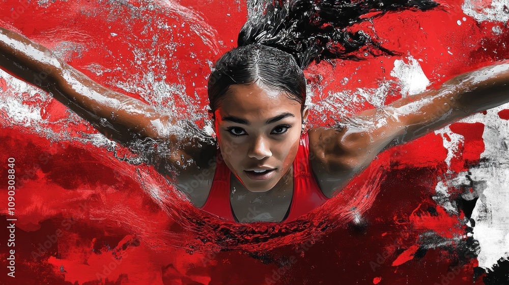 Poster a swimmer in action, showcasing determination and strength against a vibrant red backdrop.