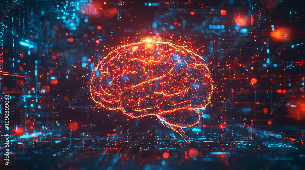 Poster glowing brain network visualized in digital environment, showcasing vibrant colors and intricate con