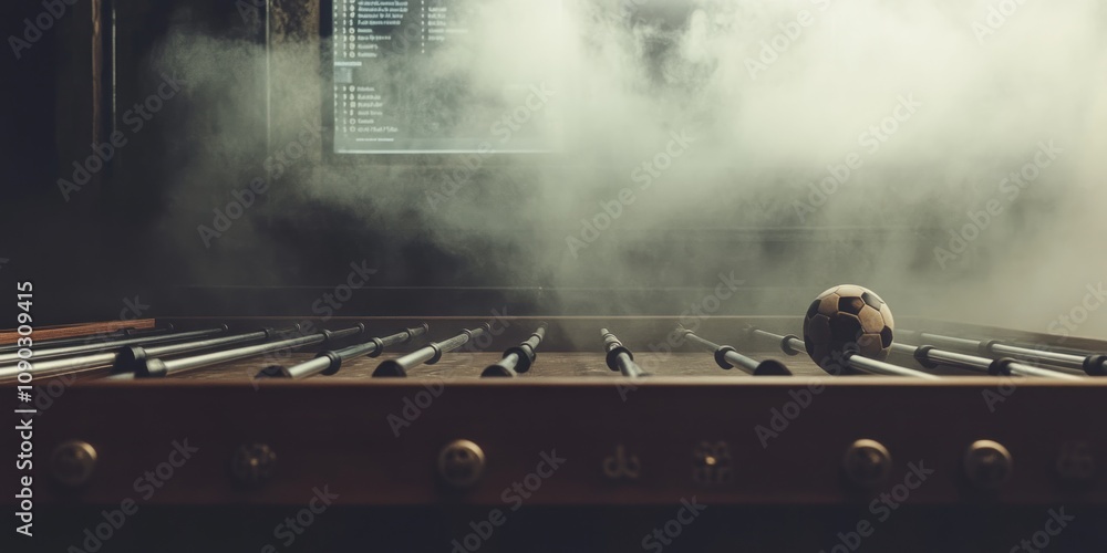 Poster a foggy scene featuring a foosball table and a ball, evoking a playful atmosphere.