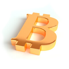 Golden bitcoin sign on white background. 3d render.