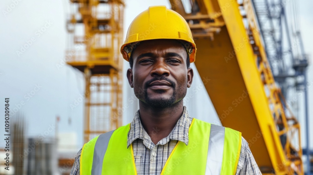 Poster A crane operator in a yellow hard hat and reflective vest using controls inside the crane cab, with a construction site bustling below, Crane operation scene