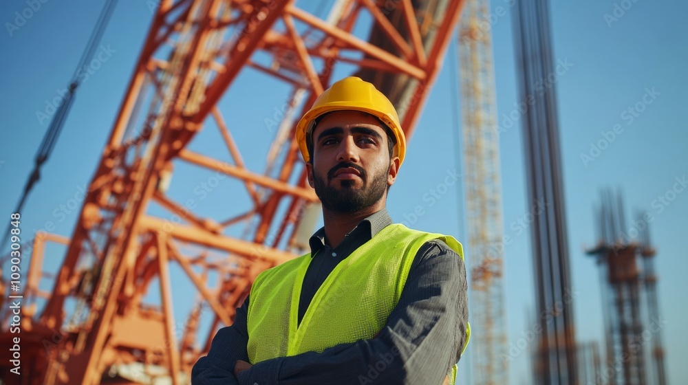 Poster a crane operator in a yellow hard hat and reflective vest using controls inside the crane cab, with 
