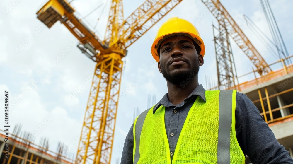 Poster a crane operator in a yellow hard hat and reflective vest using controls inside the crane cab, with 