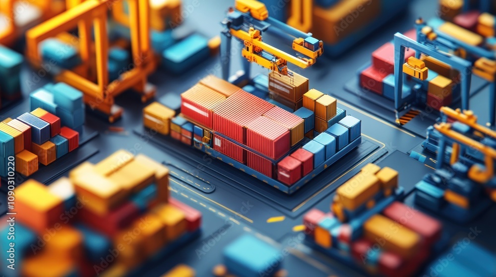 Poster a colorful, detailed depiction of a busy logistics and shipping hub with containers and cranes.