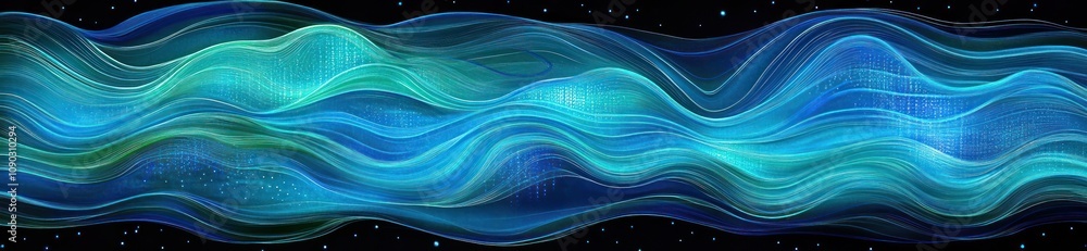 Poster abstract waves in blue and green hues, conveying fluid motion and depth against a dark background.