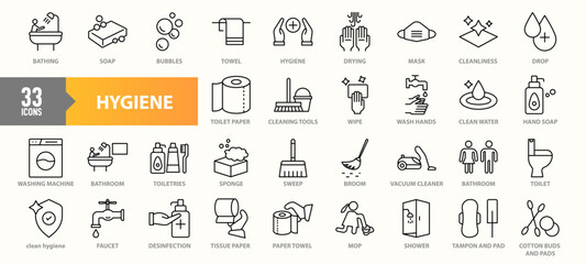 A set of 33 hygiene-themed icons representing cleanliness and sanitation essentials such as washing hands, soap, towels, cleaning tools, toilet paper, and personal care items in line-art style