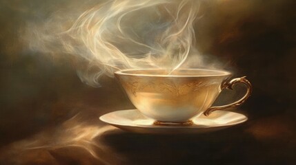 Fototapeta premium A tranquil moment captured: swirling steam rises from a tea cup, its soft glow accentuating the moody, shadowed background.
