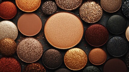 Close-up of a colorful eyeshadow palette with different shades and textures, arranged in a circular pattern.