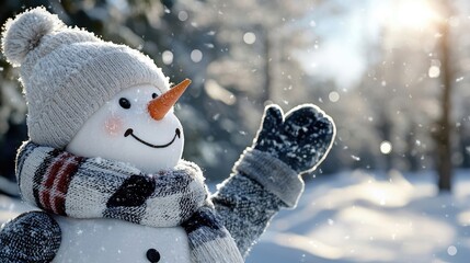 Festive snowman: cheerful snowman set against winter backdrop, surrounded by softly falling snow, blurred bokeh, joyful holiday atmosphere perfect for New Year Eve celebrations.