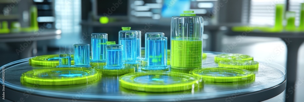Aufkleber Laboratory setup with colorful liquids in glassware for scientific experimentation.