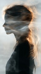 Woman with Windswept Hair in Double Exposure