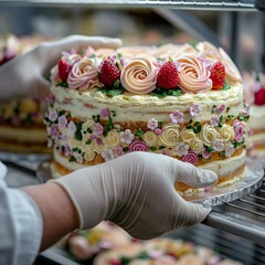 A beautifully crafted floral cake adorned with pink roses and berries, held with care by a baker in white gloves.