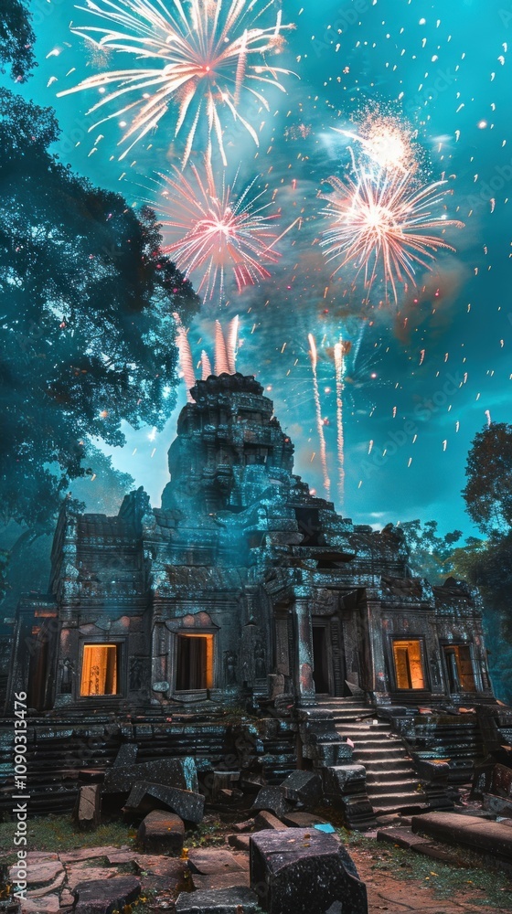 Poster ancient stone temple with fireworks exploding in the night sky.