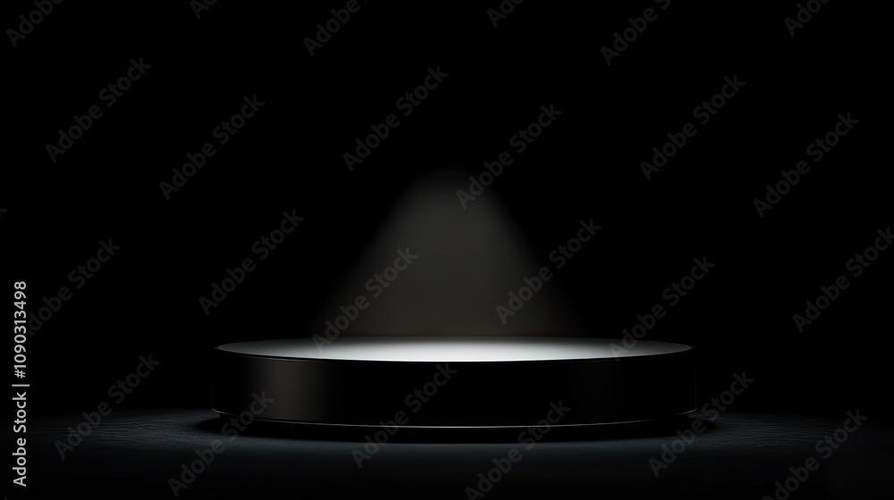 Poster black abstract stage with a glowing round podium, illuminated by a single light beam in soft gradien