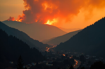 Wildfire forest fire burning near a town