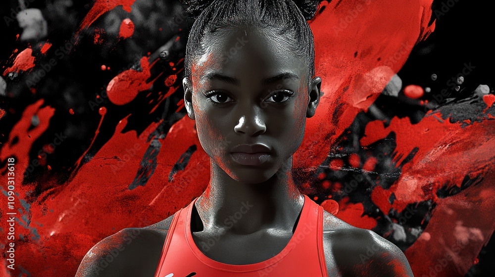 Poster a determined athlete stands against a backdrop of dynamic red splashes, embodying strength.
