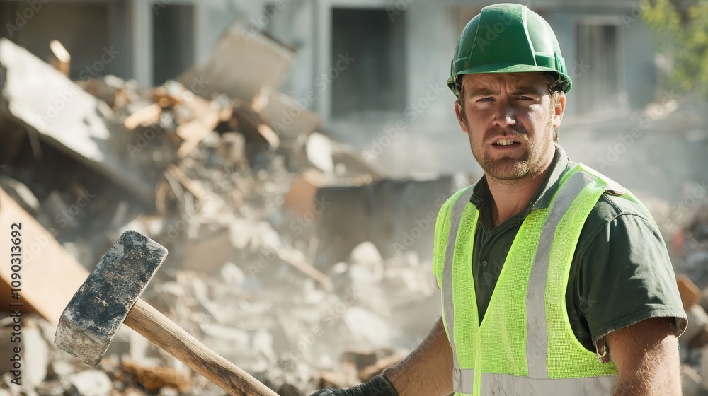 Poster a demolition worker in a green hard hat and reflective vest, holding a sledgehammer and looking dete