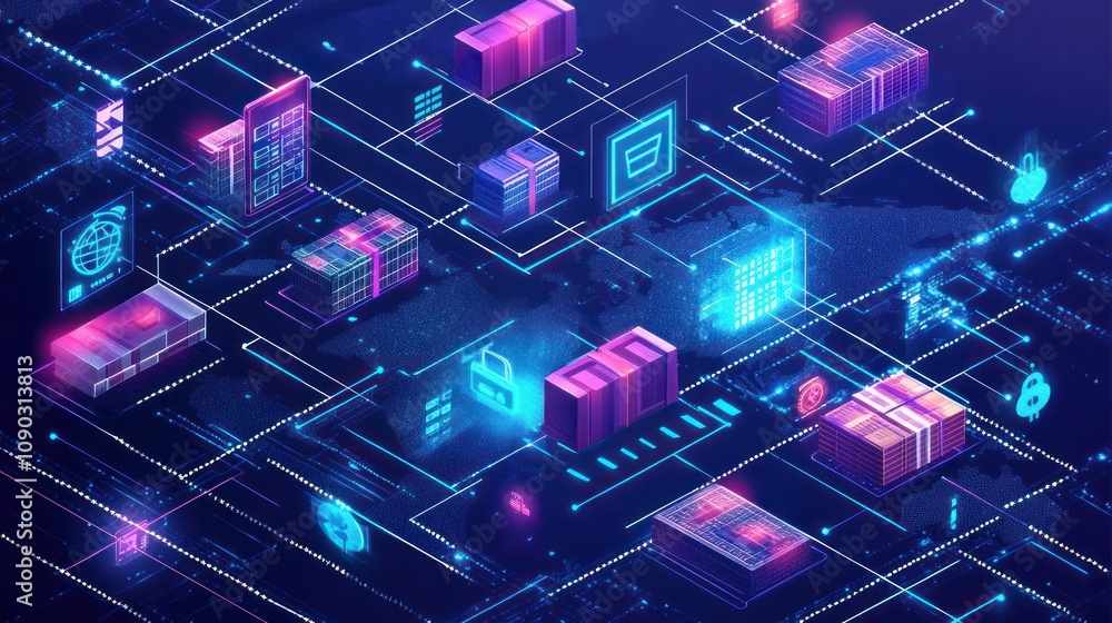 Poster a digital landscape showcasing interconnected data packages and cyber elements.