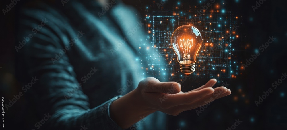 Poster a glowing light bulb is held in a hand, symbolizing ideas and innovation in a digital context.