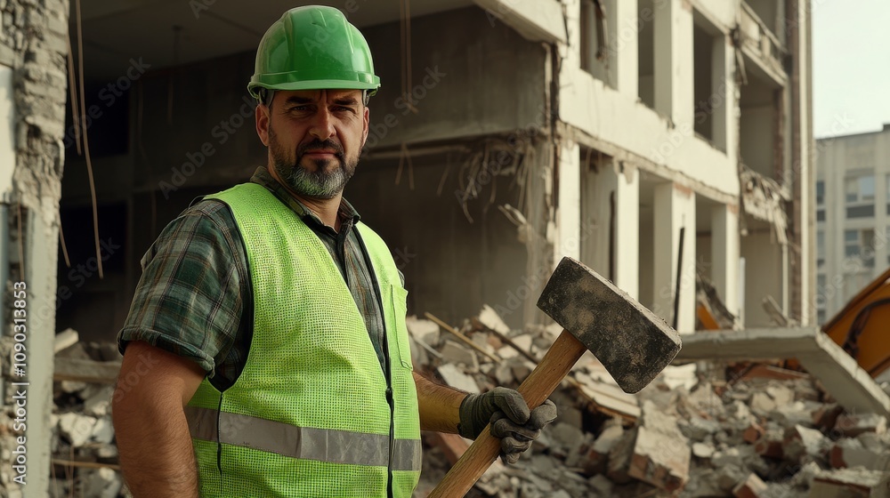 Poster a demolition worker in a green hard hat and reflective vest, holding a sledgehammer and looking dete