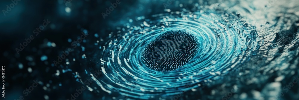 Poster a close-up of a water droplet creating ripples in a dark, textured environment.