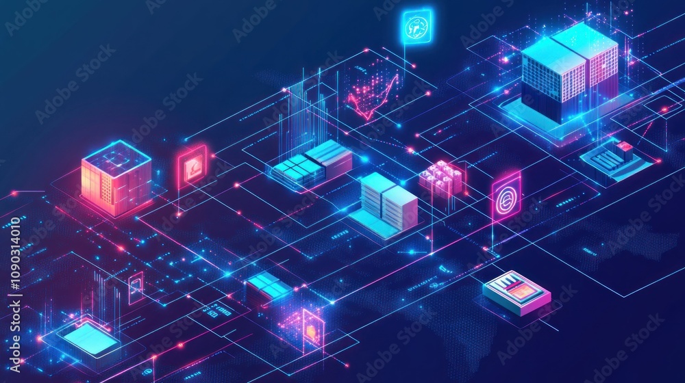 Poster Digital network illustration showcasing data flow and technology infrastructure.