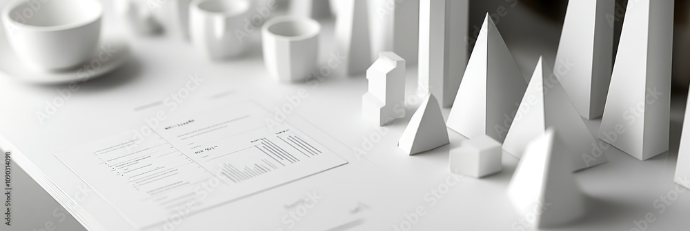 Poster a minimalist workspace featuring geometric shapes and a document for analysis.