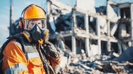 Obraz premium A demolition worker in a protective suit and helmet, handling explosives and looking into the camera, with demolished building structures and rubble behind