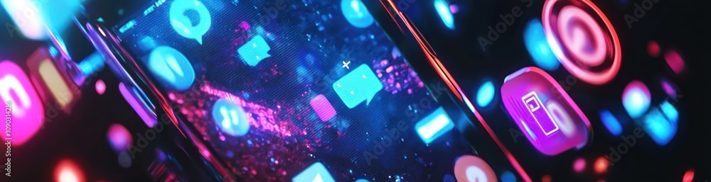 Poster A close-up of a smartphone screen displaying vibrant app icons and colorful lights.