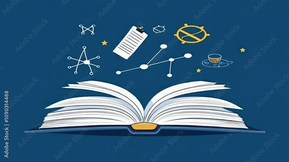Poster an open book with icons representing knowledge, science, and creativity above it.