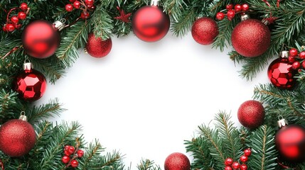 Christmas tree branches and festive accents frame a clean white surface for text.