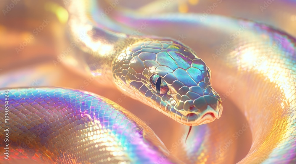 Poster a close-up of a shimmering, iridescent snake with a glossy texture.