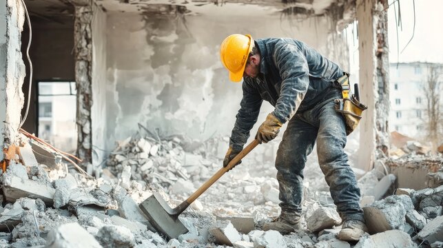 A demolition worker in protective gear and a helmet, using a sledgehammer on a concrete wall with rubble around, Demolition site scene