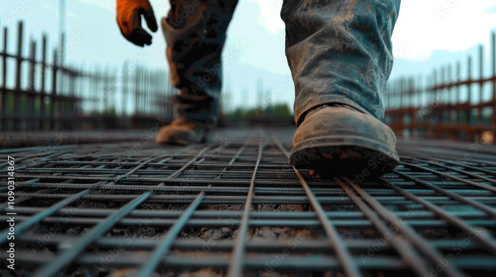 Poster A detailed close-up of a construction foreman inspecting concrete formwork at a skyscraper construction site, Skyscraper formwork inspection scene, Authoritative and meticulous style