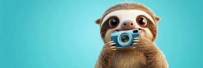 Naklejka premium A cute sloth holding a camera against a blue background, showcasing a playful scene.