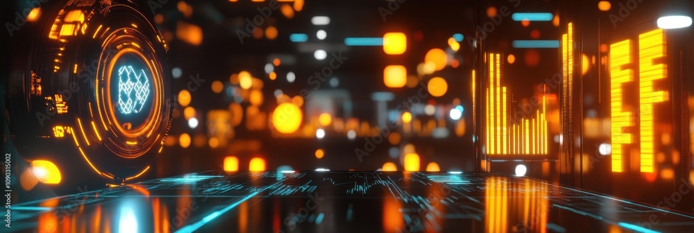 Aufkleber A futuristic digital landscape with glowing elements and data visualizations.