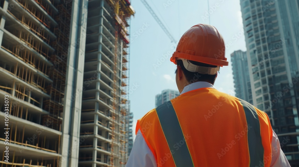Poster a detailed close-up of a construction foreman inspecting steel reinforcement at a bridge constructio