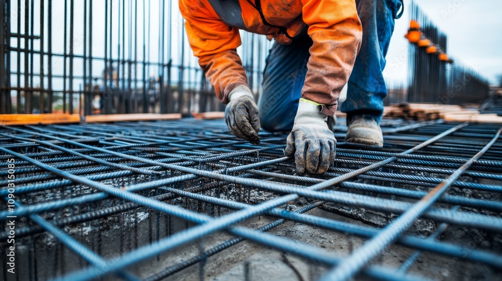 Poster A detailed close-up of a construction foreman inspecting concrete formwork at a skyscraper construction site, Skyscraper formwork inspection scene, Authoritative and meticulous style