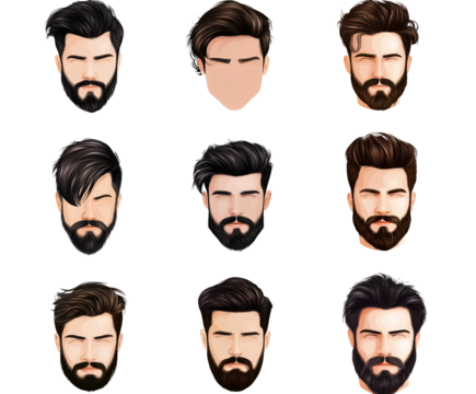Different male hairstyles and beard styles isolated on a white background, PNG transparent
