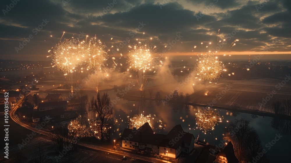 Poster an aerial view of a small town at dusk with a beautiful display of fireworks exploding in the sky ab