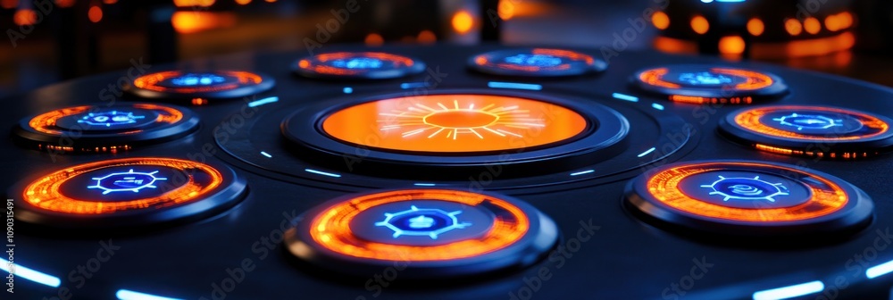 Aufkleber Futuristic control panel with illuminated buttons for advanced technology interaction.