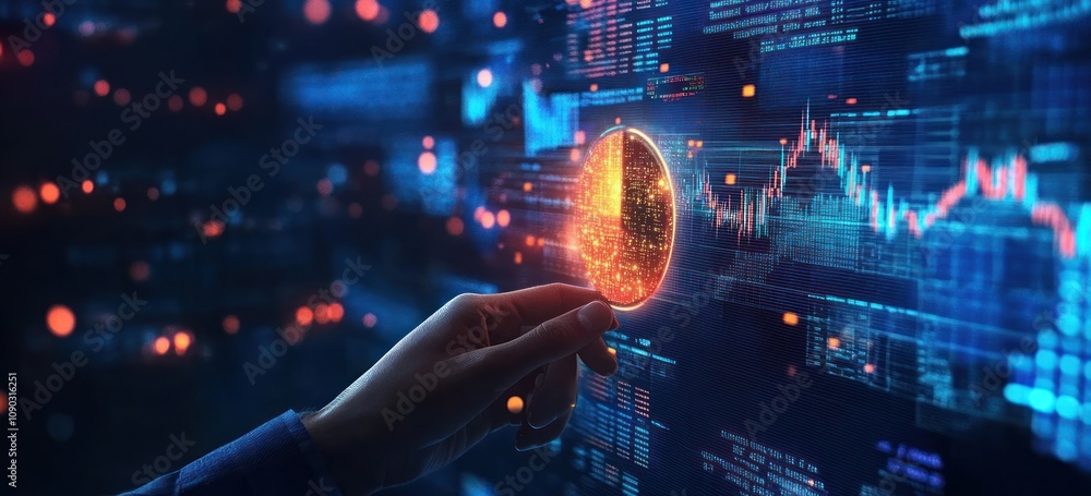 Poster a hand interacts with a glowing digital sphere amidst data visualizations and graphs.