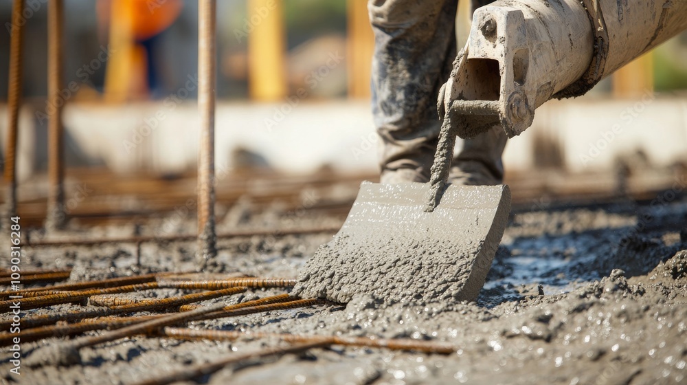 Poster a detailed portrait of a concrete pump operator managing the pouring of concrete at a building found