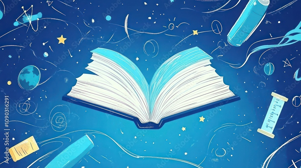 Poster an open book surrounded by cosmic elements, symbolizing knowledge and exploration.