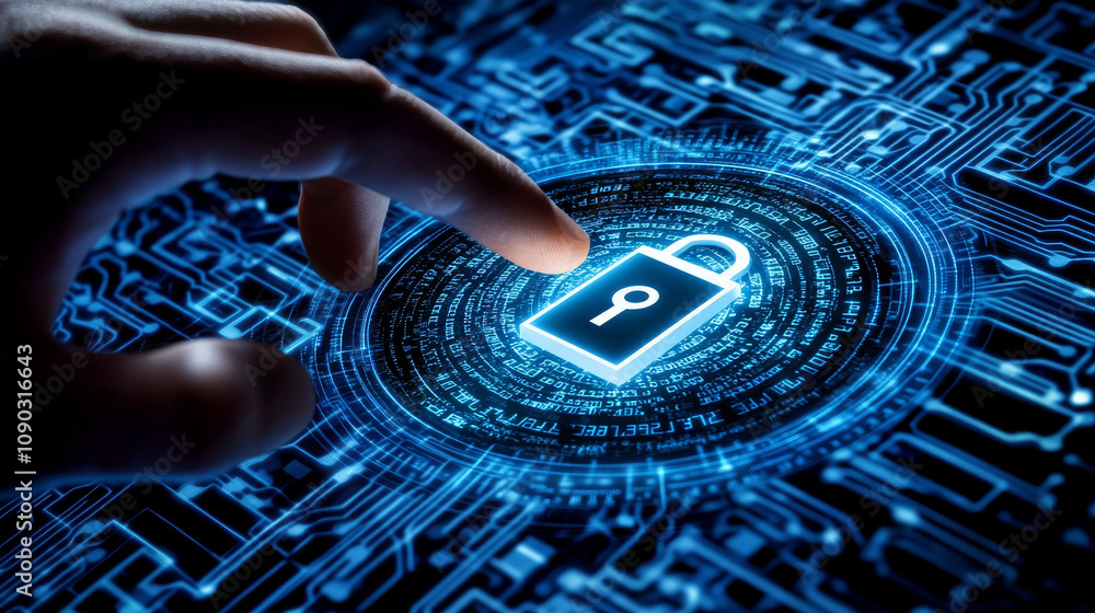 Poster a hand touches a digital globe showing a lock and code. this represents global business security.