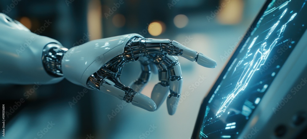 Poster a robotic hand interacts with a digital interface, showcasing advanced technology.