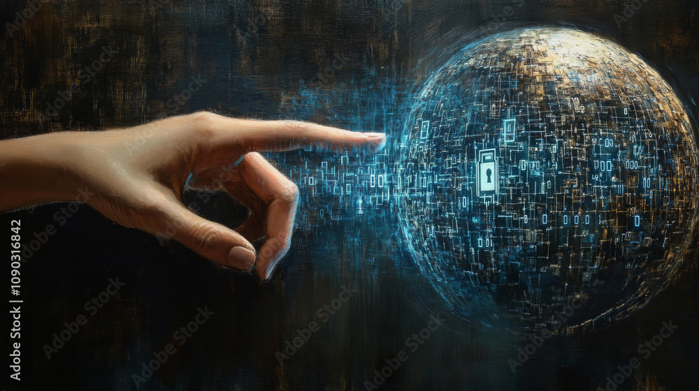 Poster a hand touches a digital globe showing a lock and code. this represents global business security.